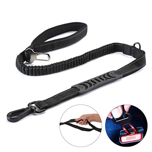 HAPPY HACHI Correas de Adiestramiento para Perros Nylon Correa Reflectantes Elástica para Perros Medianos Grandes con 2 Manijas Blandas Cinturón de Seguridad para Perros (Longitud 110-150 cm, Negro)