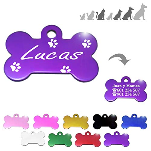 Iberiagifts - Hueso para Mascotas Medianas-Grandes con Patas Placa Chapa de identificación Personalizada para Collar Perro Gato Mascota grabada (Lila)