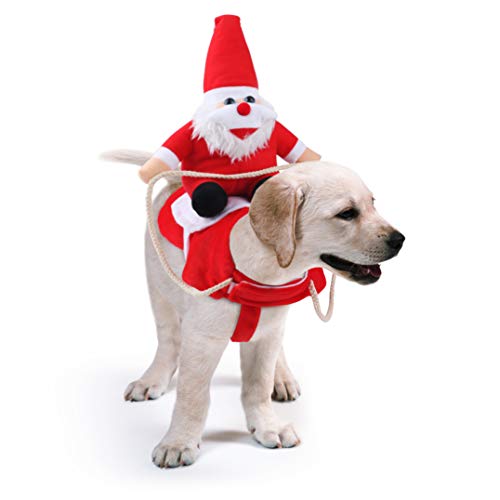 Idepet Disfraz Gato de Navidad, Ropa para Perros Cosplay con Papá Noel Montado en Mascota Gato Perro Abrigo Rojo (L)