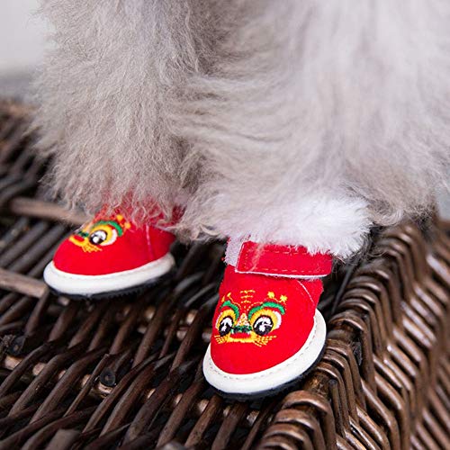 JIUYUE Botas Tiger Perro 4pcs Mascotas Cabeza de algodón Zapatos de Interior de Invierno Caliente al Aire Libre Zapatos de los Cargadores de Peluche Antideslizante con Correas de sujeción Ajustable