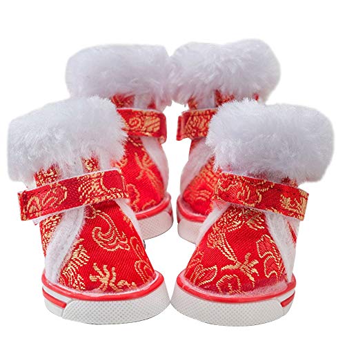 JIUYUE Botas Tiger Perro 4pcs Mascotas Cabeza de algodón Zapatos de Interior de Invierno Caliente al Aire Libre Zapatos de los Cargadores de Peluche Antideslizante con Correas de sujeción Ajustable