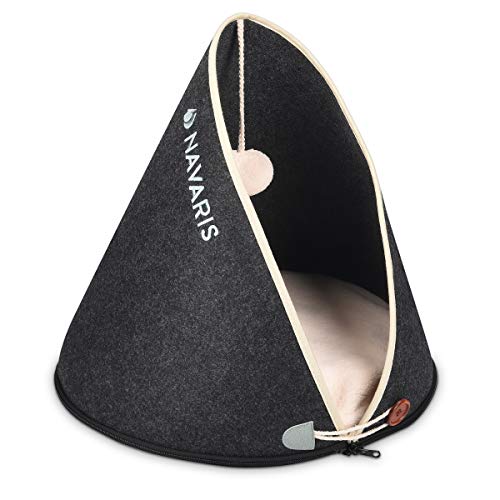 Navaris Cama y Cueva para Gatos 2 en 1 - Cesta para Perros y Gatos Curva con cojín y Juguete Colgante - para Mascotas - Suave y Acolchada