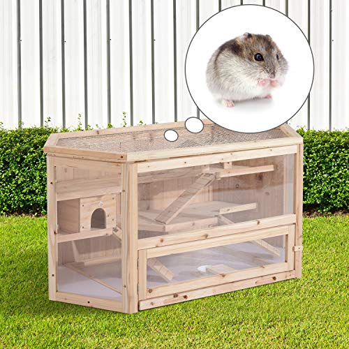 PawHut Jaula Madera para Hámster Ratoncillos Roedores Casa para Animales Pequeños 3 Niveles 115x60x58cm