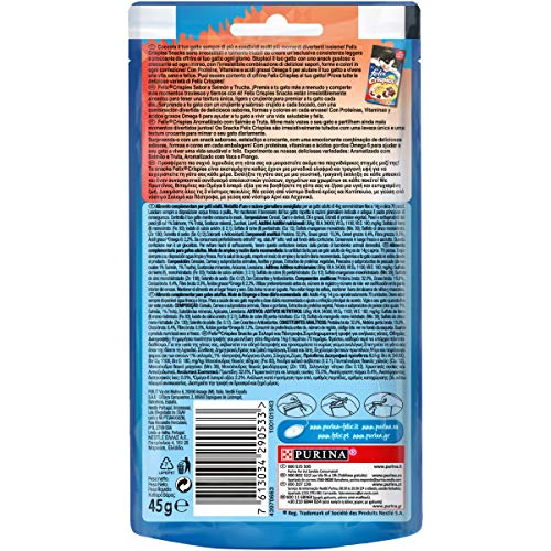 Purina Felix Party Mix Crispies Snacks, golosinas y chuches para gato Salmón y Trucha 8 x 45 g