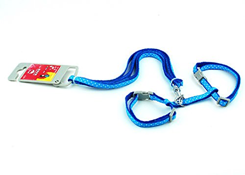 SMALLLEE_LUCKY_STORE Arnés Correa y Collar Ajustable de Lunares para Gato Correa de Paseo para Perro Pequeño Gatos y Conejos Azul