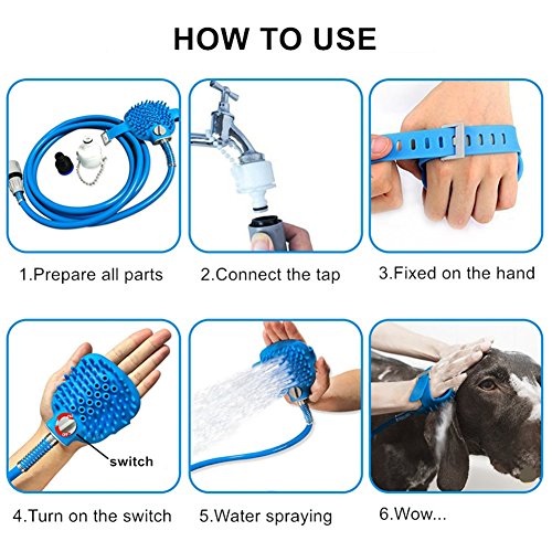 2in1 Perros Rociador de Ducha con Masajes Cepillo Herramienta de Baño con Manguera Flexible-Azul