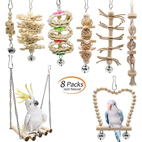 8pz Juguetes para Pájaros Columpio para Loros Accesorios Madera Natural Jaula Pajaros Bite Toy con Campanas para Periquitos, Cockatiels, Cacatúas, Conures, Pinzones, Pájaros del Amor, Agapornis