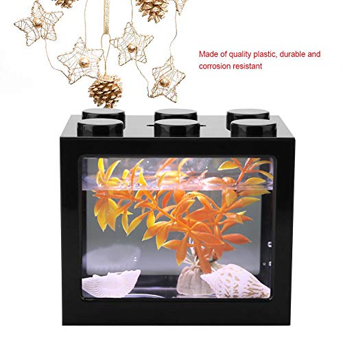 Acuario Tanque de Peces Decorativo Mini Acuario USB LED Lámpara de Luz Tanque de Pescado Lámpara de Escritorio Tanque de Pescado para Caja de Oficina Mesa de Té Decoración(Negro)