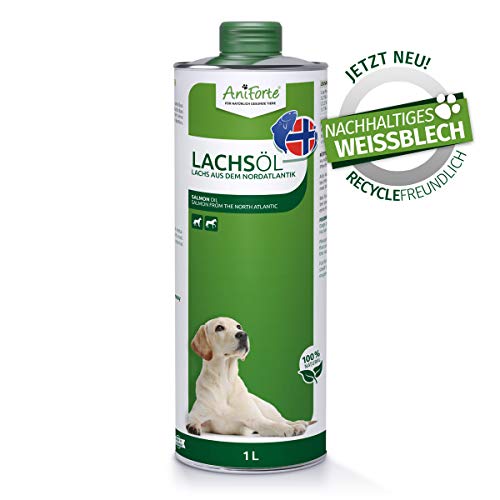 AniForte Aceite de Salmón para Perros 1 Litro - 100% natural. Contiene Ácidos Grasos Omega 3, EPA, DHA Y Linolénico. Beneficioso Para Huesos Fuertes y Pelaje Brillante, Envases reciclables sin BPA