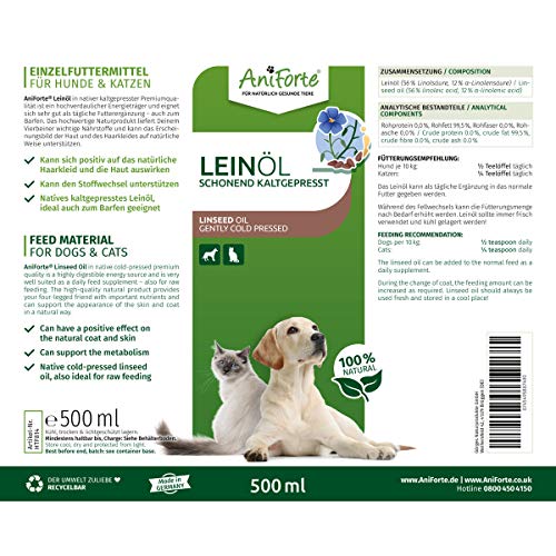 AniForte BARF Oil Set 3 con 500ml cada uno de aceite de salmón, aceite de linaza y aceite de cáñamo - producto natural para perros y gatos, aditivo para piensos, envases reciclables sin BPA