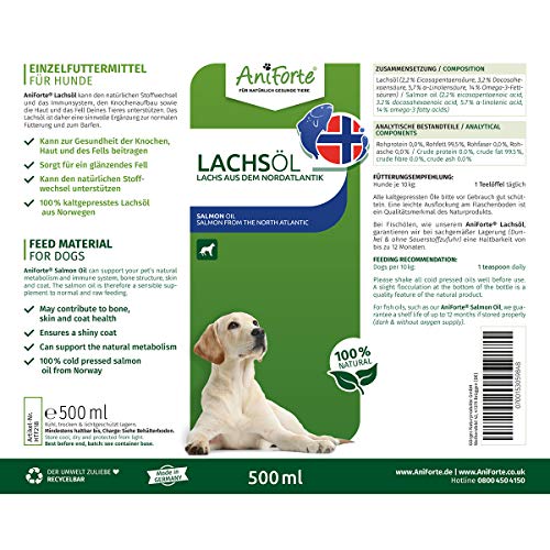 AniForte BARF Oil Set 3 con 500ml cada uno de aceite de salmón, aceite de linaza y aceite de cáñamo - producto natural para perros y gatos, aditivo para piensos, envases reciclables sin BPA