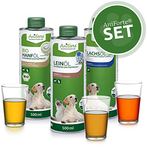 AniForte BARF Oil Set 3 con 500ml cada uno de aceite de salmón, aceite de linaza y aceite de cáñamo - producto natural para perros y gatos, aditivo para piensos, envases reciclables sin BPA