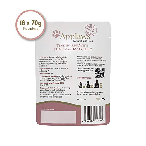 Applaws Bolsa de comida para gatos Atún integral con salmón en gelatina 16 x 70 g