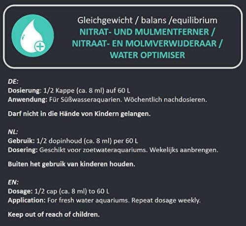 AQUANIQUE eliminador de nitrato y Detritus 250 ml, bacterias iniciadoras para Acuario, para 1.000 litros, Productos para el Cuidado del Agua, Cuidado del Acuario