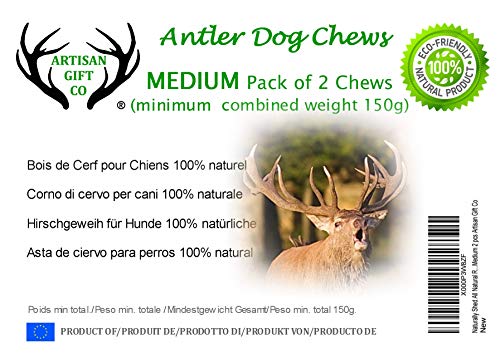 ARTISAN GIFT CO Mordedor Ecológico para Perros de Asta de Ciervo 100% Natural – Tamaño M (2 Unidades)