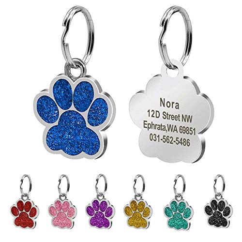 Beirui Placas de identificación Huellas Personalizadas en Acero Inoxidable de 24 mm para Perros y Gatos, con Grabado láser, Azul, S (0.9" diámetro)