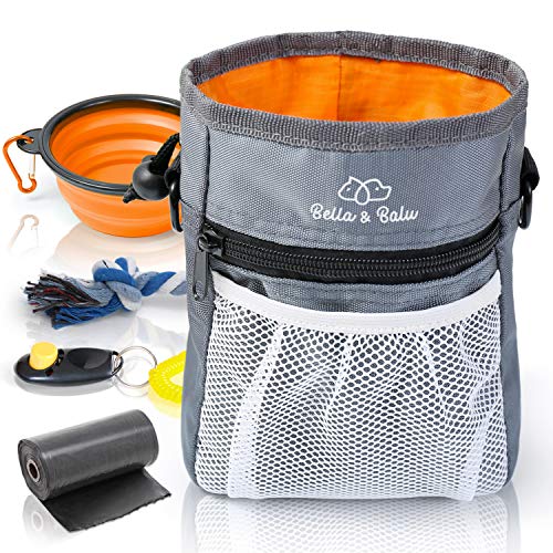 Bella & Balu Bolsa de Entrenamiento para perros + bebedero plegable + Clicker + Bolsas para excrementos + Juguete de cuerda – Práctica bolsa para chucherías de perro