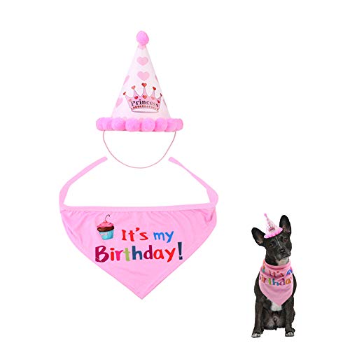 Bello Luna Bufandas del pañuelo del Feliz cumpleaños y Sombrero Lindo del Partido para los Perros Pet Decoraciones de Regalo de cumpleaños Conjunto - Rosa