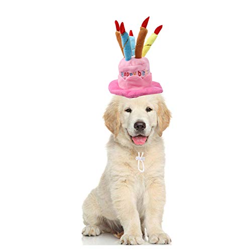 Bello Luna Sombrero de cumpleaños para Mascotas Sombrero de Felpa Corto Ajustable como un Pastel de cumpleaños Adecuado para la mayoría de los Perros y Gatos - Rosa