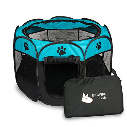 BIGWING Style Parque Mascota de Juego Entrenamiento Dormitorio Perro Gato Conejo Octágono Plegable Lavable Durable 73x 73x 43 CM, Negro y Azúl