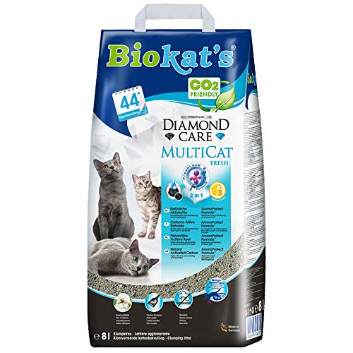 Biokat’s Diamond Care Multicat Fresh, arena para gatos con fragancia – Arena aglomerante libre de polvo, con carbón activo y fragancia a flor de algodón – 1 bolsa de papel (1 x 8 l)