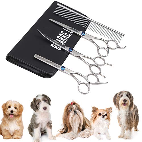 BIZARRE.LY Kit de Peluquería Canina Calidad Premium Para Perros y Gatos - Corte PROFESIONAL Acero Inoxidable Tijeras Curvas y de Descargue. También INCLUYE Peine de Alta Calidad