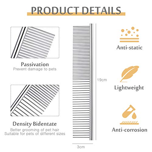 Boao Peine de Aseo de Mascotas de Acero Inoxidable Peine de Perros de Dientes Redondeados para Perros y Gatos Grandes, Medianos y Pequeños con Pelo Corto/Largo Enredado, 19 x 3 cm