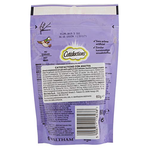 Catisfactions Friandises pour Chat au Canard en Sachet de 60 g - Pack de 6