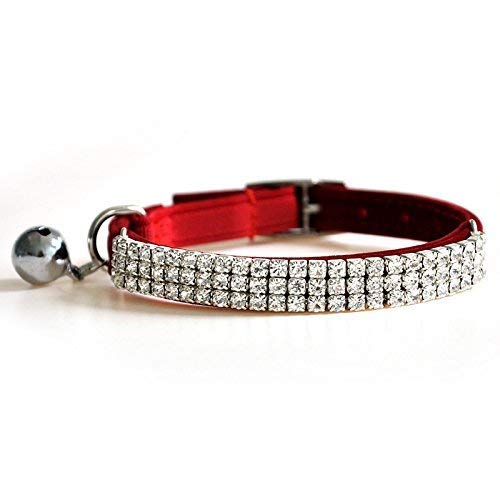 DAIXI Soft Velvet Safe Cat Collar Ajustable Bling Diamante con Campanas, 11 Pulgadas para Perros y Gatos pequeños (Red)