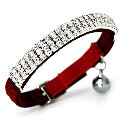 DAIXI Soft Velvet Safe Cat Collar Ajustable Bling Diamante con Campanas, 11 Pulgadas para Perros y Gatos pequeños (Red)