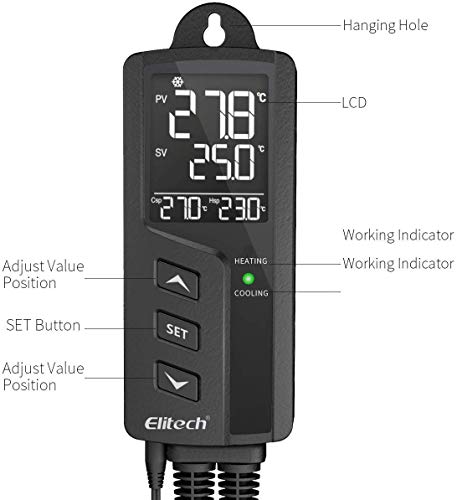 Elitech STC-1000Pro Dual Relay 220v Socket Termostato Digital con Sonda, Controlador de Temperatura de Enfriamiento y Calefacción, Certificado CE, Carcasa de ABS, la Clasificación de Fuego más Alta V0