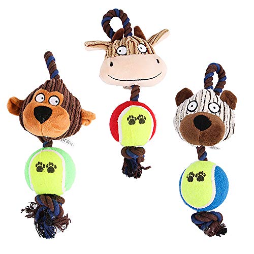 Esoes Perro chirriante masticable Juguetes Durable 3 Pack Interactivo Juguetes de Peluche para Cachorro pequeño Mediano Grande Perros Jugando Haciendo diversión – Mono, Oso y Toro