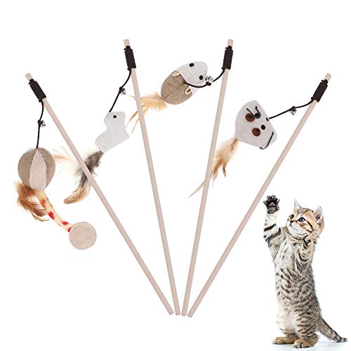 fanshiontide 4 Juguete Pluma de Gato, Juguetes para Gatos, Natural de Plumas Varita Gato Juguete con Pluma, Juguete para Gatos