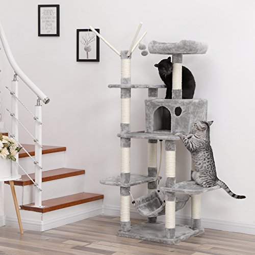 FEANDREA Árbol para Gatos Rascador con nidos Hamaca Plataformas Bolas de Juego 154 cm Colores Opcionales Gris Claro PCT86W