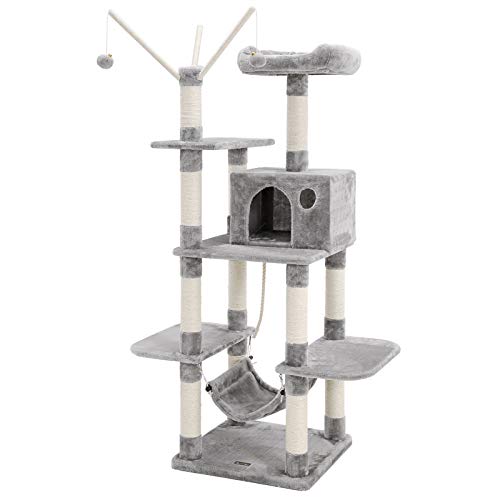 FEANDREA Árbol para Gatos Rascador con nidos Hamaca Plataformas Bolas de Juego 154 cm Colores Opcionales Gris Claro PCT86W