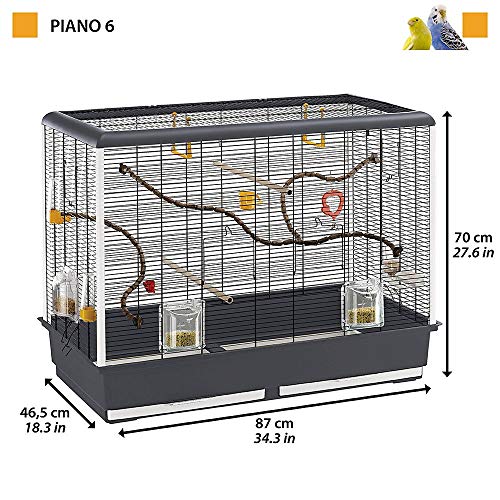 Ferplast Amplia Jaula para Canarios, periquitos y pequeños pájaros exóticos Piano 6, con Accesorios, Percha Modular y comederos giratorios, Pintado Negro y cubeta Marrón, 87 x 46,5 x h 70 cm