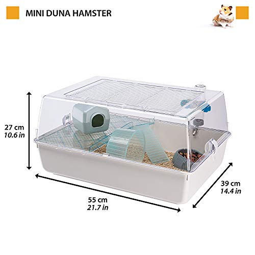 Ferplast Jaula de plástico para hámsteres y ratoncillos Mini Duna Hamster de Dos Pisos, Rejilla de ventilación y Accesorios, Techo Transparente, Alambre Pintado Blanco y plástico, 55 x 39 x h 27 cm