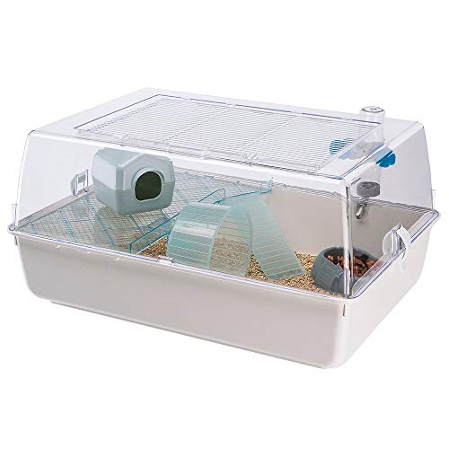 Ferplast Jaula de plástico para hámsteres y ratoncillos Mini Duna Hamster de Dos Pisos, Rejilla de ventilación y Accesorios, Techo Transparente, Alambre Pintado Blanco y plástico, 55 x 39 x h 27 cm