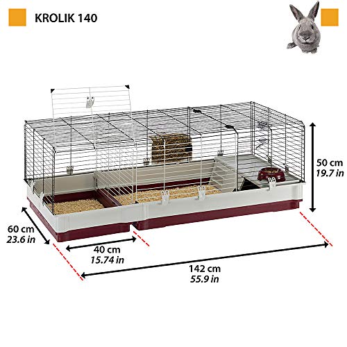 Ferplast Jaula para Conejos KROLIK 140, Conejillos de Indias, pequeños Animales, en Kit de Montaje, extensión Separable Mediante una Rejilla metálica, Accesorios incluidos, 142 x 60 x h 50 cm Burdeos