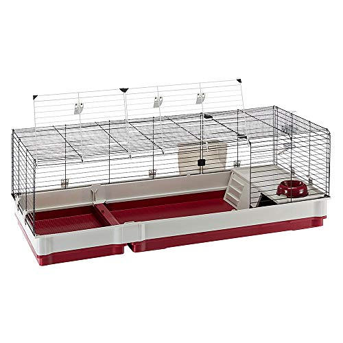 Ferplast Jaula para Conejos KROLIK 140, Conejillos de Indias, pequeños Animales, en Kit de Montaje, extensión Separable Mediante una Rejilla metálica, Accesorios incluidos, 142 x 60 x h 50 cm Burdeos