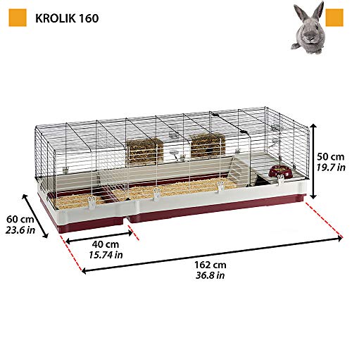 Ferplast Jaula para Conejos KROLIK 160, Conejillos de Indias, Conejera, Kit de Montaje, Extensión Separable Mediante una Rejilla metálica, Accesorios incluidos, 162 x 60 x h 50 cm Burdeos