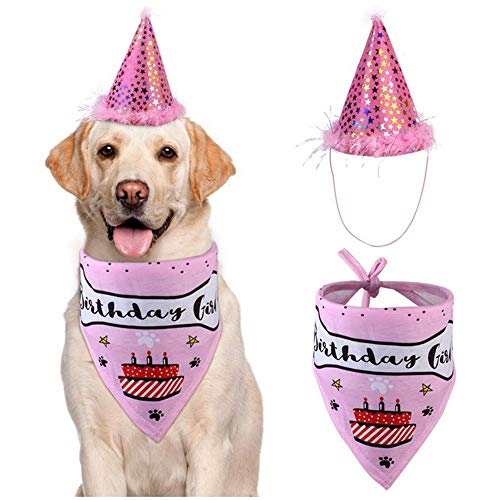 Fleymu Perros Pañuelo de Feliz con Sombrero Mascotas Poliéster Traje Cumpleaños Regalo Gorro Gatos Set Adorable Bufanda Triangular Conjunto para Fuentes la Fiesta Cumpleaños de los Cachorros (Rosado)