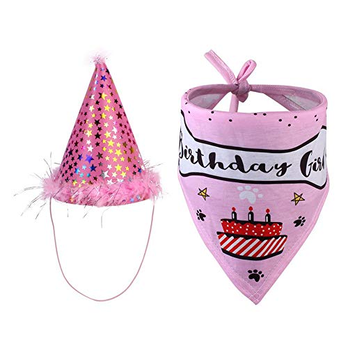 Fleymu Perros Pañuelo de Feliz con Sombrero Mascotas Poliéster Traje Cumpleaños Regalo Gorro Gatos Set Adorable Bufanda Triangular Conjunto para Fuentes la Fiesta Cumpleaños de los Cachorros (Rosado)