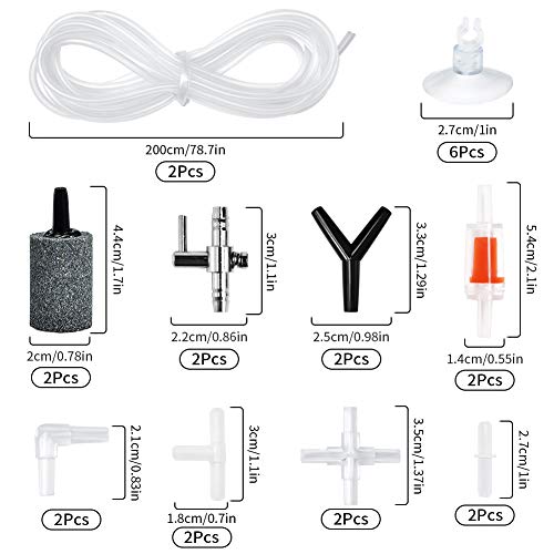 FurPaw Aire Acuarios Accesorios, 2 Cilindro Piedra Aire 2m Tubo de Línea Aérea Estándar 6 Ventosas 2 Válvulas Retención Válvula Control y 10 Conectores