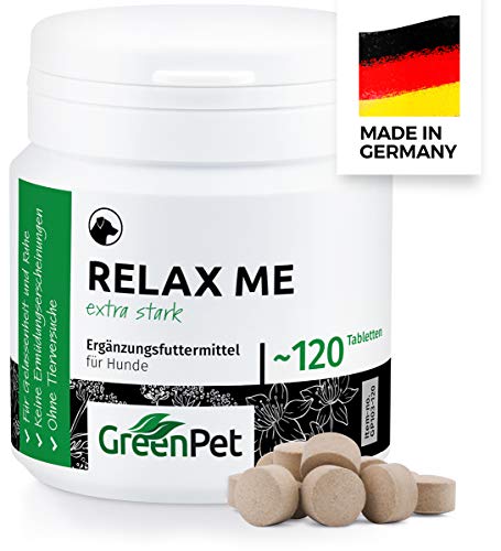 GreenPet Relax Me 120 tabletas - Agente calmante para Perros, Extra Fuerte para la ansiedad, el estrés, Viajes en Coche y Viajes, calmante y Relajante, Valeriana, Hierba de San Juan - Made in Germany