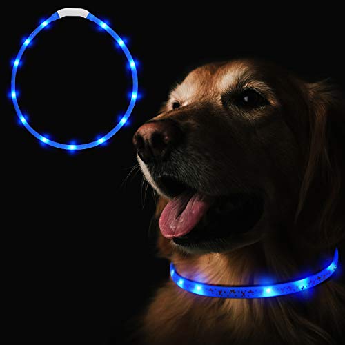 Heatigo - Collar para perro con luz LED, USB de carga nocturna, super brillante, collar ajustable para mascotas (70 cm), con patrón de perro lindo 3 modos de luz