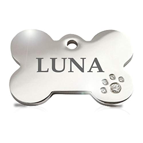 Iberiagifts - Hueso Acero Deluxe con brillantitos en Forma de Pata Placa Chapa Medalla de identificación Personalizada para Collar Perro Gato Mascota grabada