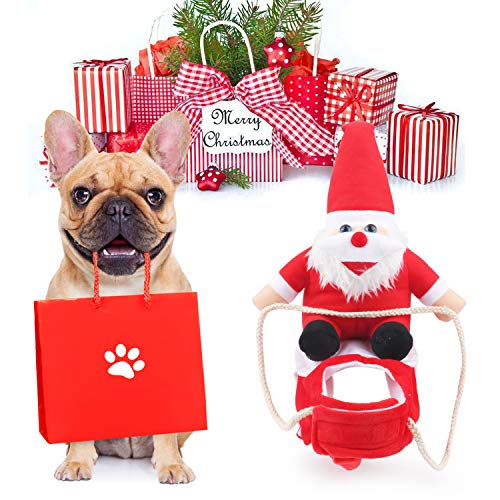 Idepet Disfraz Gato de Navidad, Ropa para Perros Cosplay con Papá Noel Montado en Mascota Gato Perro Abrigo Rojo (S)