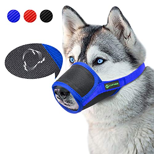 ILEPARK Respirable Bozal de Nylon para Perros Suave Permite Beber, Jadear Bozal Lazo Ajustable (XL,Azul)