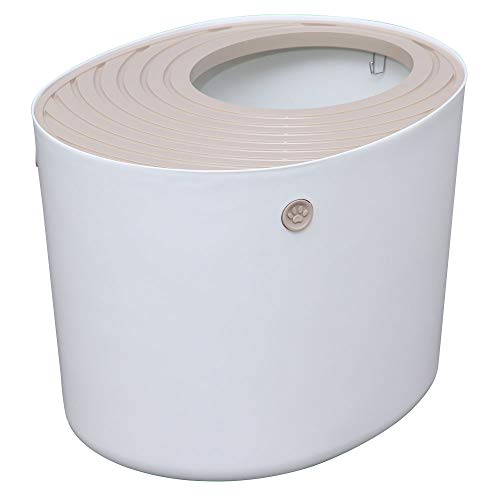 Iris Ohyama, Inodoro para gatos con tapa ranurada, entrada superior y pala - Top Entry Cat Litter Box - PUNT-530, plástico, blanco, 53 x 41 x 37 cm